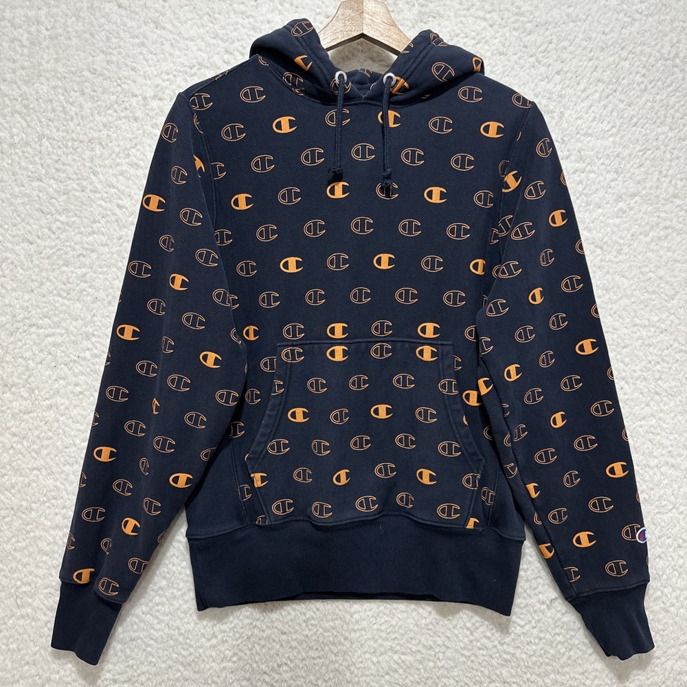 Champion Hoodie Blue Reverse Weave All Over Print Hooded Sweatshirt Size S